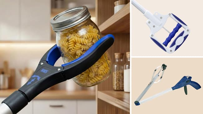 grid of RMS 34 Inch Extra Long Reacher Grabber grabbing mason jar of pasta, and handle of Grabber Buddy 36 in. Pick Up Tool Extended Reacher and Gopher II Deluxe Pick Up & Reaching Aid partially folded on beige backgrounds