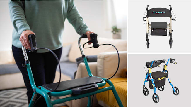 Clockwise from left: Senior person with their hands guiding a rollator, Elenker
All Terrain Rollator, Medline Empower Rollator Walker
