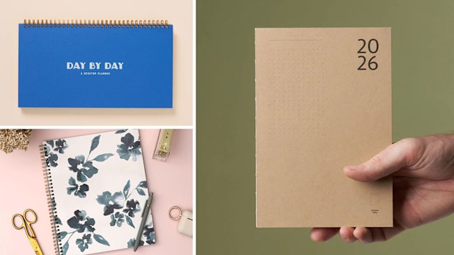 grid with Ruff House Day by Day Desktop Planner, Blue Sky Monthly Planner, and handing hold Paper Republic Daily Planner