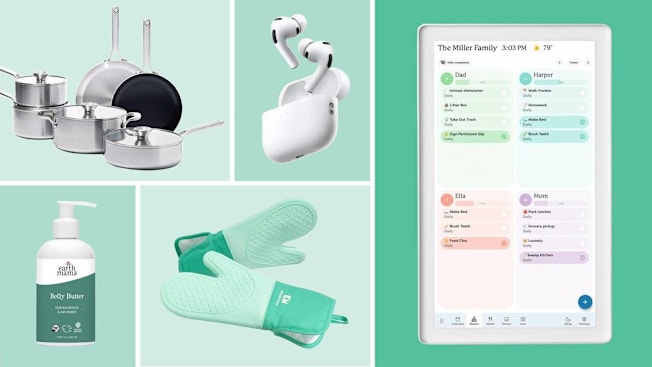 Shown clockwise from top center: Apple AirPods Pro 3, Skylight calendar, Kitchen Mama Oven Mitts, Earth mama body butter, Oxo Tri-Ply Stainless Mira Series cookware