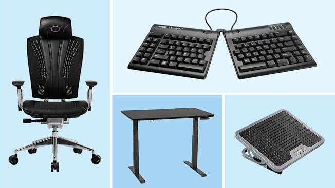 Clockwise from left: Cooler Master Ergo L Ergonomic Gaming Chair, Kinesis Freestyle2 Split-Adjustable Keyboard, Eureka Ergonomic Under Desk Footrest, FlexiSpot Pro Standing Desk