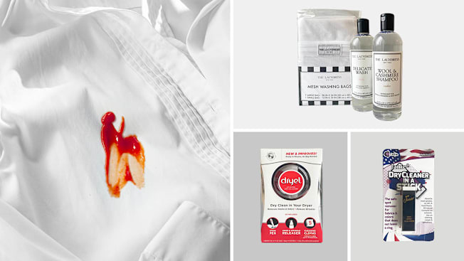 Shirt with ketchup stain, Dryel, Janie, and The Laundress dry cleaning kits
