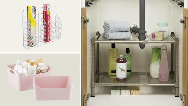 grid of Home Basics Cabinet Door Organizer and Container Store Plastic Storage Bin with Handles on beige backgrounds and Seville Classics 2-Tier Expandable Under-the-Sink Organizer under a sink with bathroom supplies