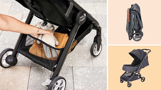 Clockwise from left: a hand reaching into the lower storage compartment of the Baby Jogger City Tour 2 and placing a stuffed animal on top of a blanket, a folded UPPAbaby Minu V3 stroller, an Ergobaby Metro 3 stroller.