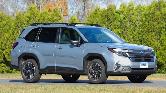 2025 Subaru Forester Hybrid driving at CR's Auto Test Center