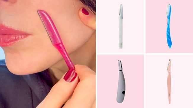 Lisa Fogarty using dermaplaning tool, Stacked Skincare, Schick, Tinkle, Michael Todd dermaplaning tools