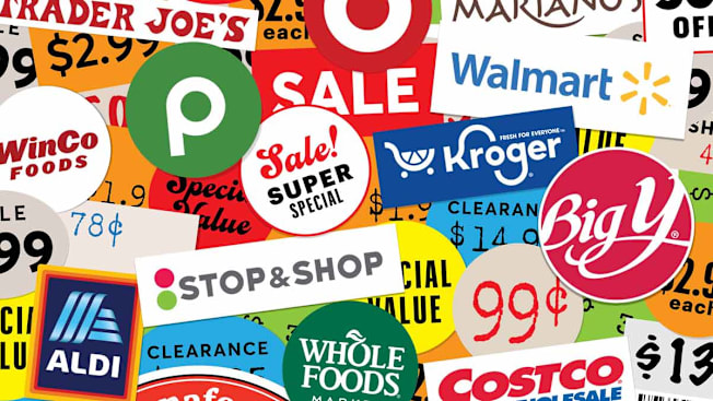 A collection of various stickers showing grocery store chain logos.