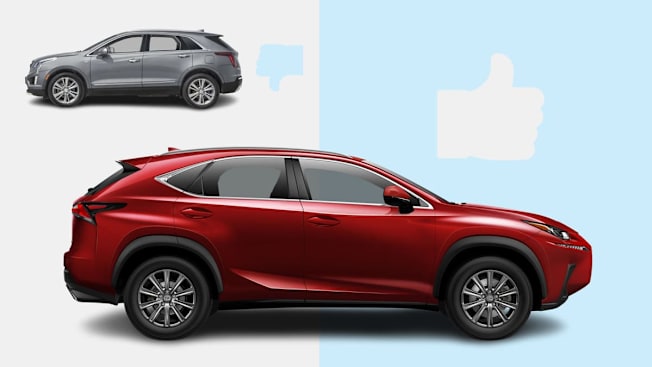 2025 Cadillac XT5 next to graphic thumbs down and 2021 Lexus NX next to graphic thumbs up