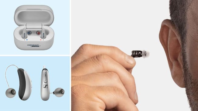 Lexie B2 Powered by Bose and Sennheiser All-Day Clear Slim hearing aids on light blue backgrounds, and close up of person holding Eargo SE hearing ad next to ear
