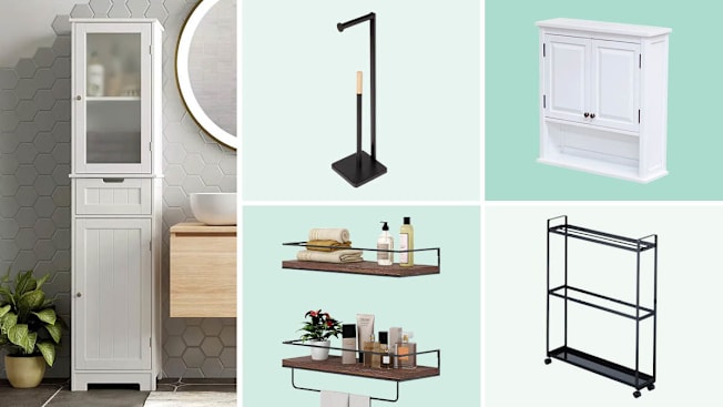 Shario shelves, Target toilet paper stand, Alaterre cabinet, Yamazaki rolling rack, Horstors cabinet