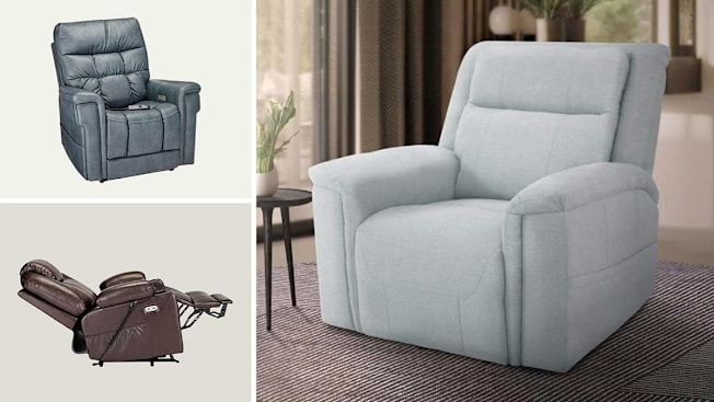 Clockwise from top left: VivaLift! Ultra Lift Recliner, Sealy Posturepedic  Sheldon Lift Assist Recliner seen in a living room setting, MCombo Electric Lift Chair