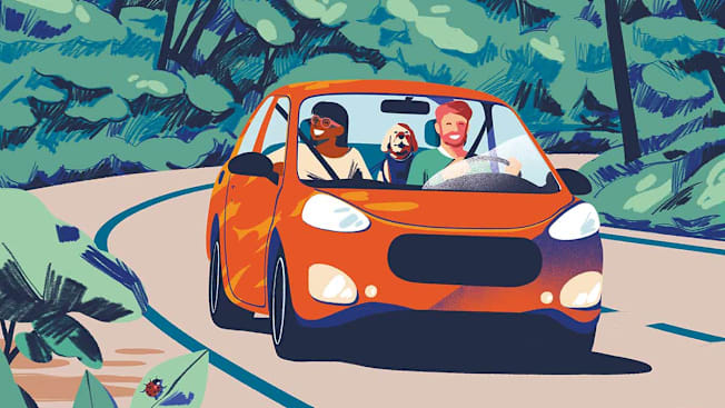 Illustration of happy copy with dog driving on road surrounded by trees
