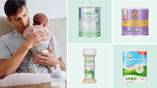 Clockwise from left: a father burping a newborn infant with a baby bottle in the foreground, Bobbie Organic Whole Milk formula, Earth's Best Organic Sensitivity formula, Happy Baby Organic Infant Formula, Similac Pure Bliss Organic Ready to Feed.