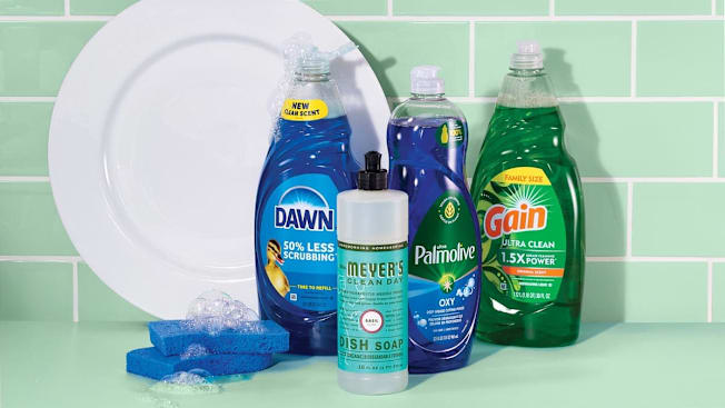 Dawn, Mrs. Meyer's Palmolive, Gain dish soaps with plate and sponges