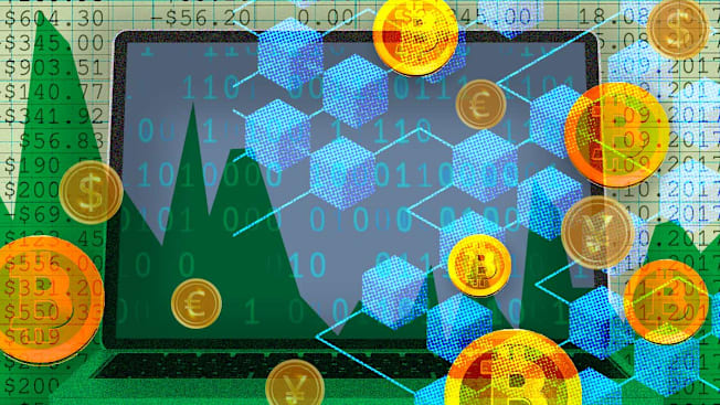 A photo illustration of a laptop computer screen open with patterned images atop it; including cubes representing blockchain, binary code, ledger numbers and coins.