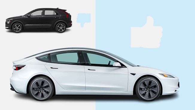 2025 Kia Niro Electric next to graphic thumbs down and 2024 Tesla Model 3 next to graphic thumbs up.