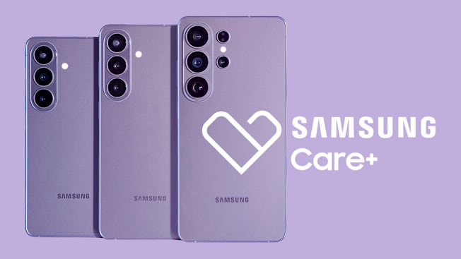 The Samsung Galaxy S26 with the Samsung Care+ logo.