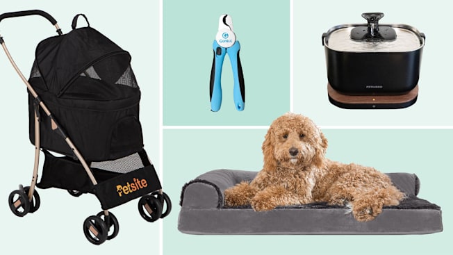 Shown clockwise: Gonicc Pet Nail Trimmer, PetLibro Smart Water Fountain, FurHaven Deluxe Chaise LoungeDog Bed, and Costway Petsite 3 in 1 Pet Stroller