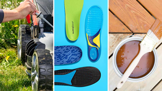 A person adjusting or repairing a lawn mower outdoors, several colorful shoe insoles displayed on a blue background, and a paintbrush dipping into a can of brown wood stain on a wooden deck.
