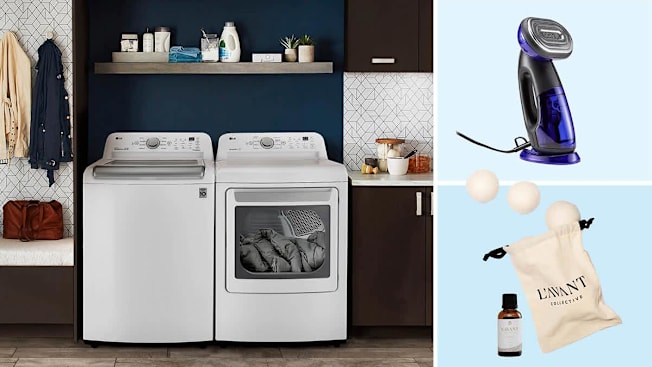 Clockwise from left: LG WT7150CW washer seen in a home laundry room, the Conair Turbo ExtremeSteam 2-in-1 with Turbo GS108, and L'Avant Fresh Linen Laundry Oil & Wool Balls Bundle