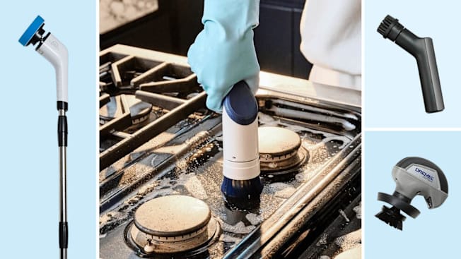 grid with Hoto Power Spin Scrubber IPX7, Dremel Versa Power Scrubber PC10-04, and Leebein Power Spin Scrubber ANS-8050 on light blue backgrounds and close up of person wearing blue glove while holding Casabella Power Spin Scrubber to clean top of gas range
