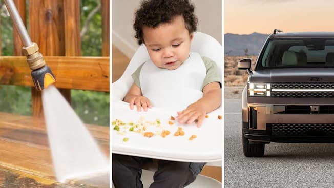 Power washing deck, baby in a high chair, and  Hyundai Santa Fe Hybrid