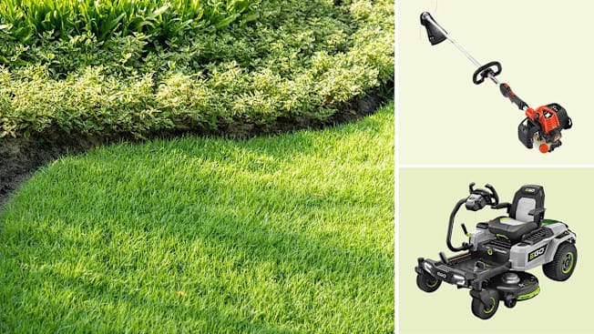 A top down view of a green lawn bordered by a curved garden edge, Echo SRM-2620 string trimmer, and the Ego ZT4205S riding mower.