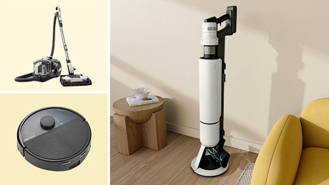 Clockwise from top left: Kenmore 500 Series DC5070, the Samsung Bespoke AI Jet Ultra VS90F40DMK/AA seen in a living room environment, iRobot Roomba Max 705