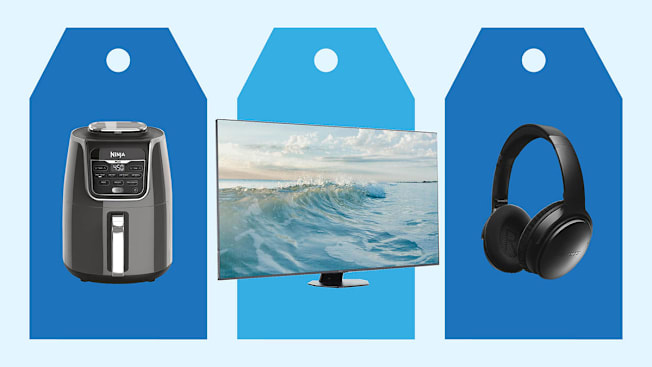 Three blue sales tags with a Ninja Max XL AF161 Air Fryer, Hisense 75U8QG TV, Bose QuietComfort Wireless Noise Cancelling headphones over them.