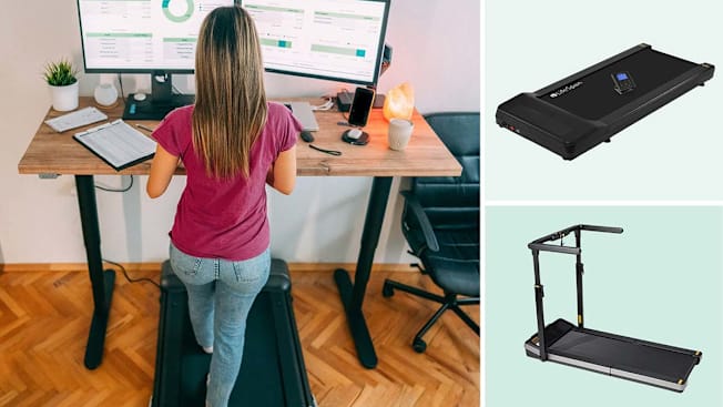 Clockwise from left: view of a woman from the back working on an elevated desk and walking on a small treadmill; LifeSpan TR1200Pro-GlowUp treadmill, and the WalkingPad Z3 Hybrid+ treadmill.