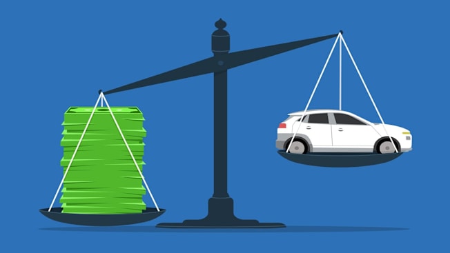 An illustration of a balance scale with a car on one side and a large stack of money on the other.