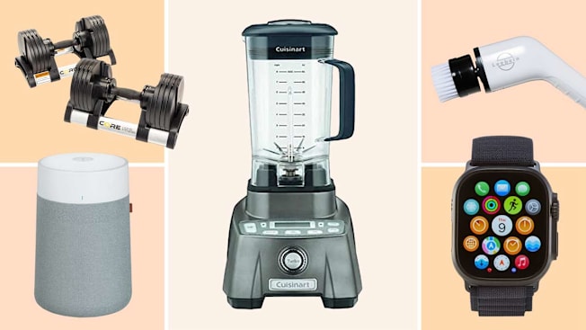 Clockwise: Cuisinart Hurricane Pro 3.5 Peak HP CBT-2000, Labigo Power Spin Scrubber KS-2619, Apple Watch Ultra 3, Blueair Blue Pure 311i Max, and Core Home Fitness Adjustable Dumbbell Set
