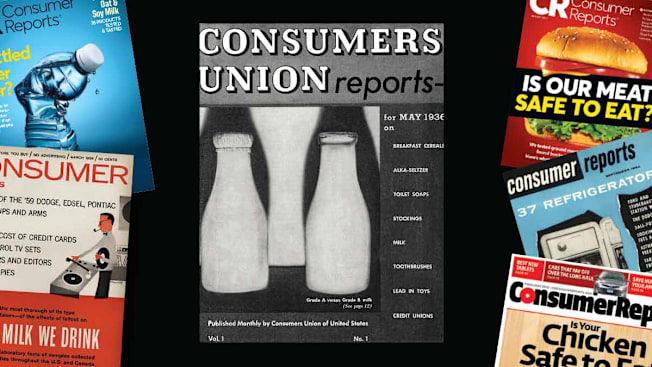 Image displaying several vintage Consumer Reports magazine covers, with the central one being the first issue from May 1936.