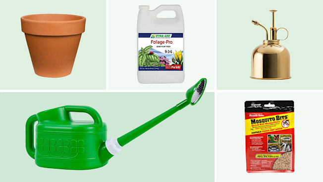Clockwise from top left: Pennington Terra Cotta Clay Pot, 10", Dyna-Gro Foliage-Pro Fertilizer, Haws Brass Plant Mister, Summit Mosquito Bits Larvae Control Granules, and Ebristar Watering Pot