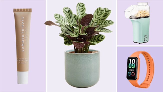 Clockwise from left: Summer Fridays Lip Butter Balm, Easy Plant Marxii Calathea, Dash Hot Air Popcorn Popper, Amazfit Band 7