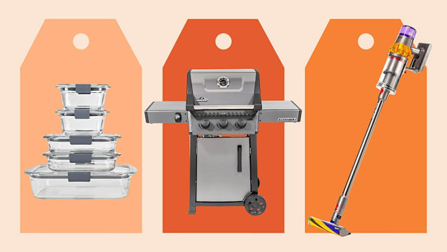 Left to right: Rubbermaid Brilliance 18pc Glass Food Storage Container Set, Napoleon Freestyle 365 F365DPGT gas grill, Dyson V15 Detect stick vacuum.