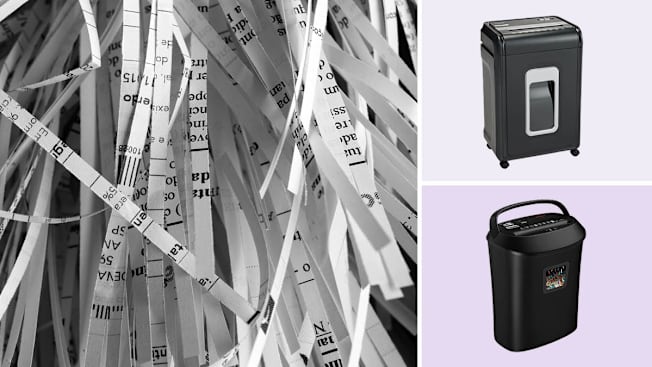 grid with close up of shredded paper and Aurora AU2260XA and VidaTeco 1201C paper shredders on light purple backgrounds