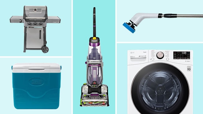 grid with Napoleon Freestyle 365 F365DPGT, Coleman Chiller 9-Quart Portable Cooler, Bissell ProHeat 2x Revolution Pet Pro Plus 3588F Carpet Cleaner, Leebein Power Spin Scrubber ANS-8050, and LG WM4000HWA Washing Machine on shades of light blue backgrounds