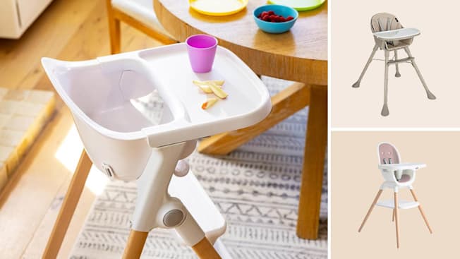 grid with Munchkin Float Easy Foldable in dining room area with cups and apple slices and Harppa Caspio Lite 2-in-1 and Joie Chai high chairs on beige backgrounds