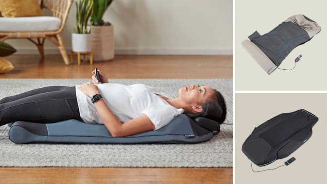 grid of three images with person lying of floor using HoMedics Body Flex Back Stretching Mat with Heat, Renpho Aeria Lumbar Neck and Back Massager, and Chirp Contour Decompression and Massage Table on beige backgrounds