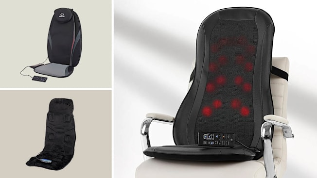 grid of three images with Comfier Vibration Back Massager, Snailax Back Massager with Heat, and Sharper Image Massage Seat Cushion on white office chair