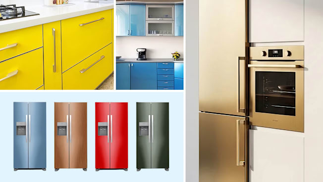 grid of 4 images with 3M 2080 Series Cabinet Wrap in yellow on lower kitchen cabinets and in blue on upper and lower kitchen cabinets, 4 fridges of different colors with Avery Dennison SW900 Refrigerator Wraps, and fridge and wall oven with 3M™ 2080 Satin Black Refrigerator Wraps