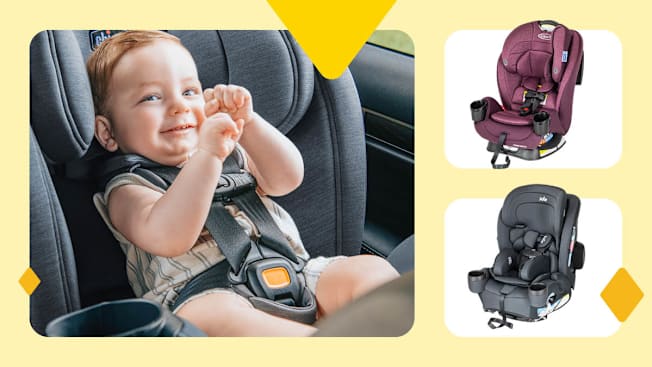 grid of three images with close up of baby in  Chicco One Fit Car Seat and Graco Trio Grow SnugLock and Joie Saffron car seats, yellow border with three graphic yellow diamonds