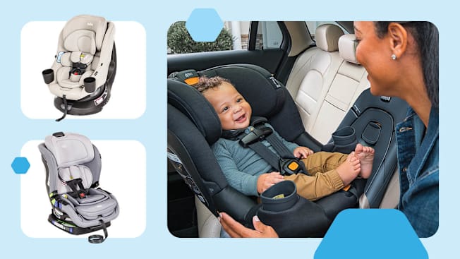grid of three images with Joie Chili Spin SI and Britax Poplar car seats and parent putting baby into Chicco Fit360 car seat