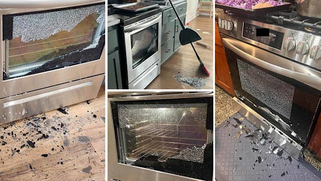 Four examples from CSPC incident reports of images taken by consumers of their shattered Frigidaire ovens.