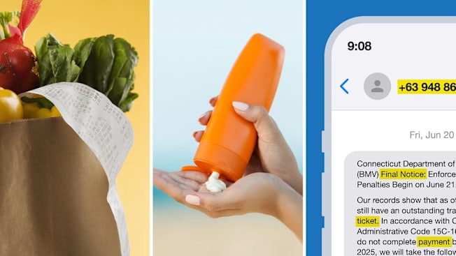 Grocery bag with receipt, squeezing sunscreen into hand, and fake toll text on phone