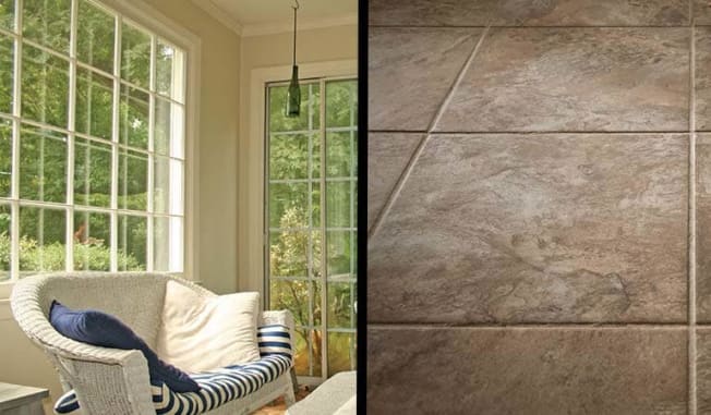 sunroom with white wicker couch on left and detail of brown porcelain tile on right