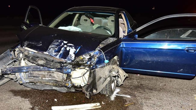 Blue car after crash with Takata airbag
