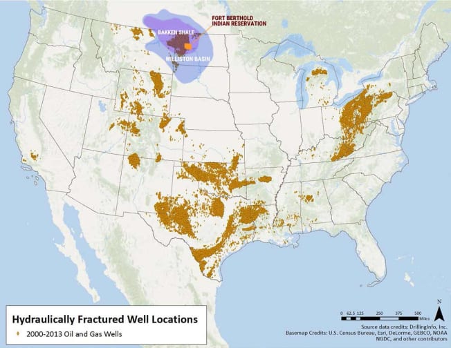 A map showing location of hydraulic fracturing in North Dakota.