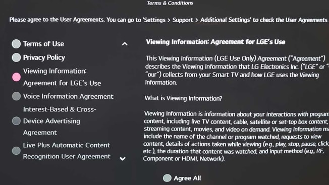 screenshot of LG privacy settings